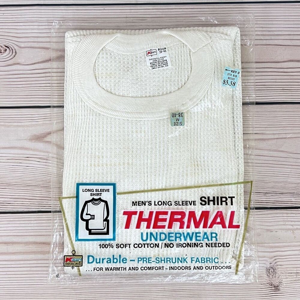 VTG 70s Kmart Thermal Underwear Long Sleeve Shirt M 38-40 White Cotton NOS USA